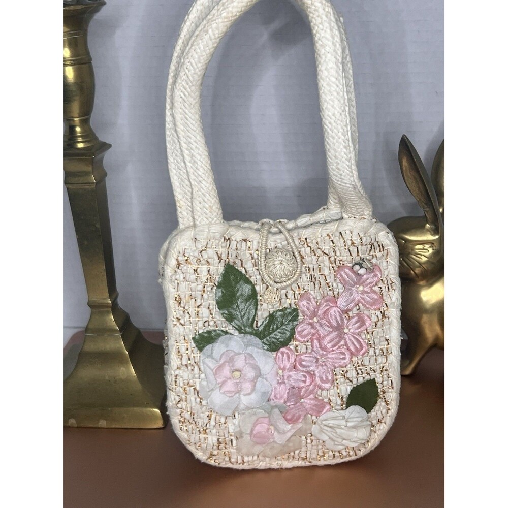 Vintage Cottagecore Floral Straw Mini Handbag Pink Ribbon Flowers Woven Purse